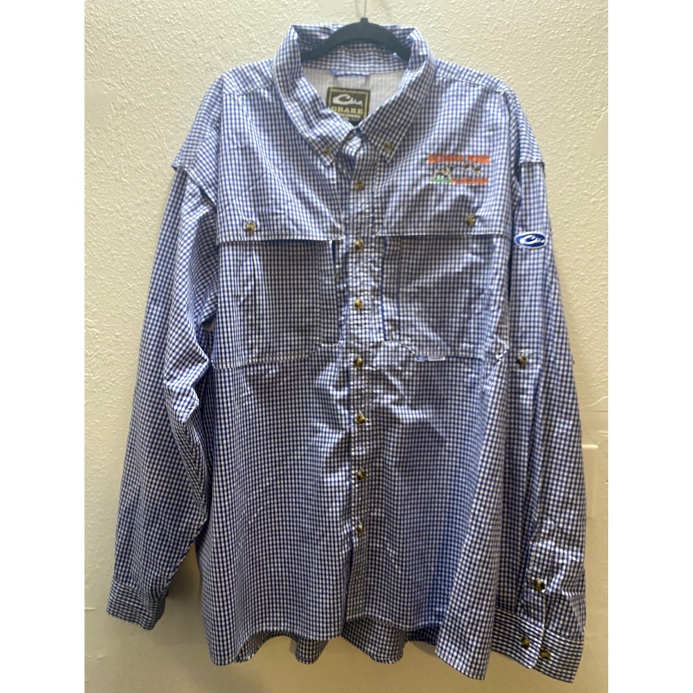 Drake Waterfowl Long Sleeve Blue Gingham Plaid Shirt Mens 3XL Fishing Outdoor